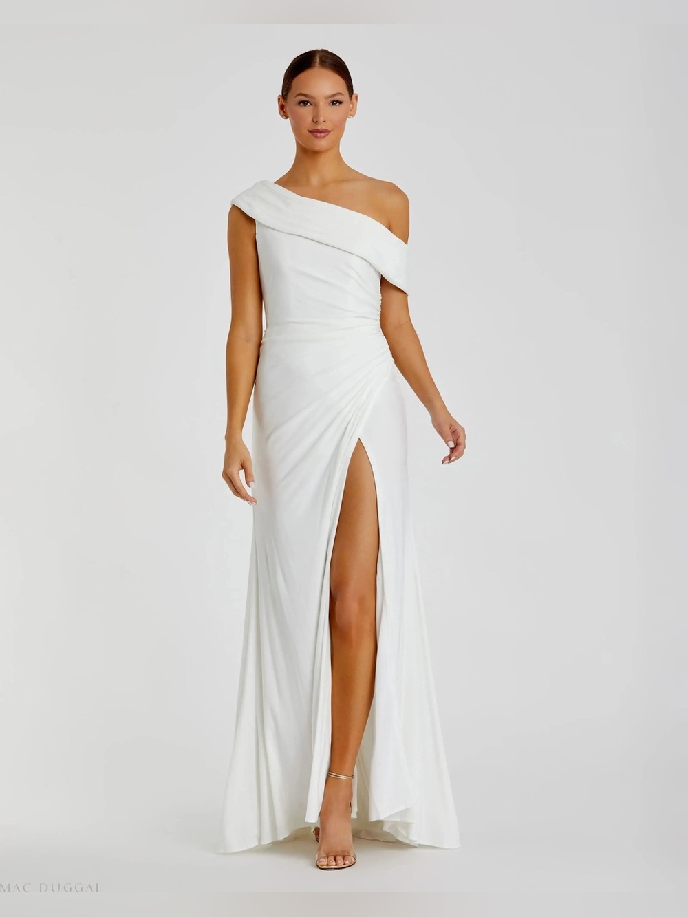 NWT - Mac Duggal White One-Shoulder Strapless Evening Gown Thigh Slit Size 4 - Picture 2 of 7